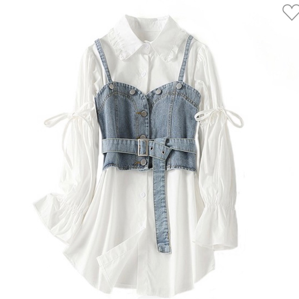 Trendy White Top w/ Denim Vest Look – Fits S/M | Cute Layered Style